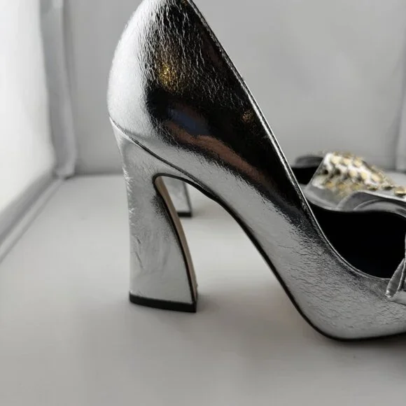 Ted Baker London Metallic Silver Studded Bow Heels - Picture 3 of 16
